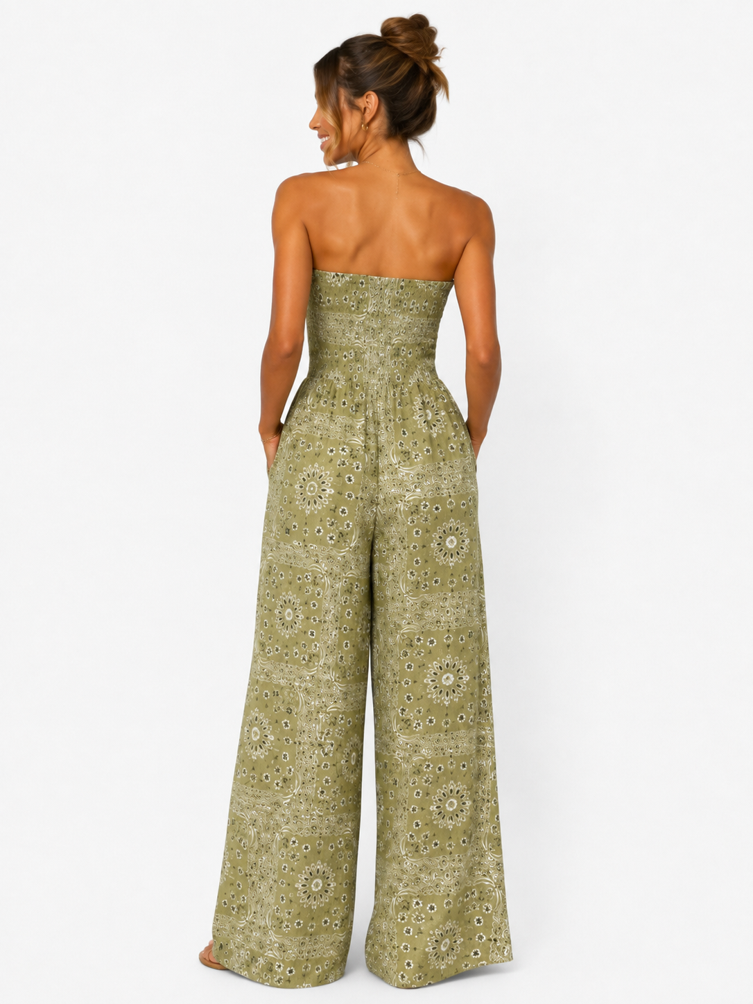 Paisley Bandeau Wide-Leg Jumpsuit with Pockets