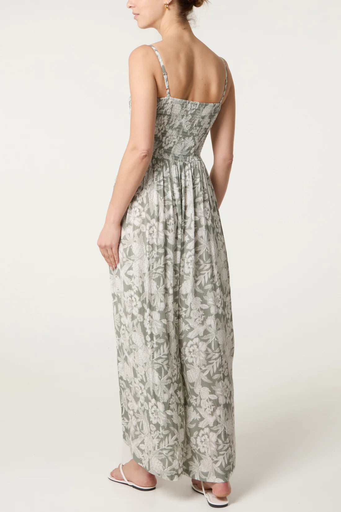 Sage Botanical Shirred Jumpsuit