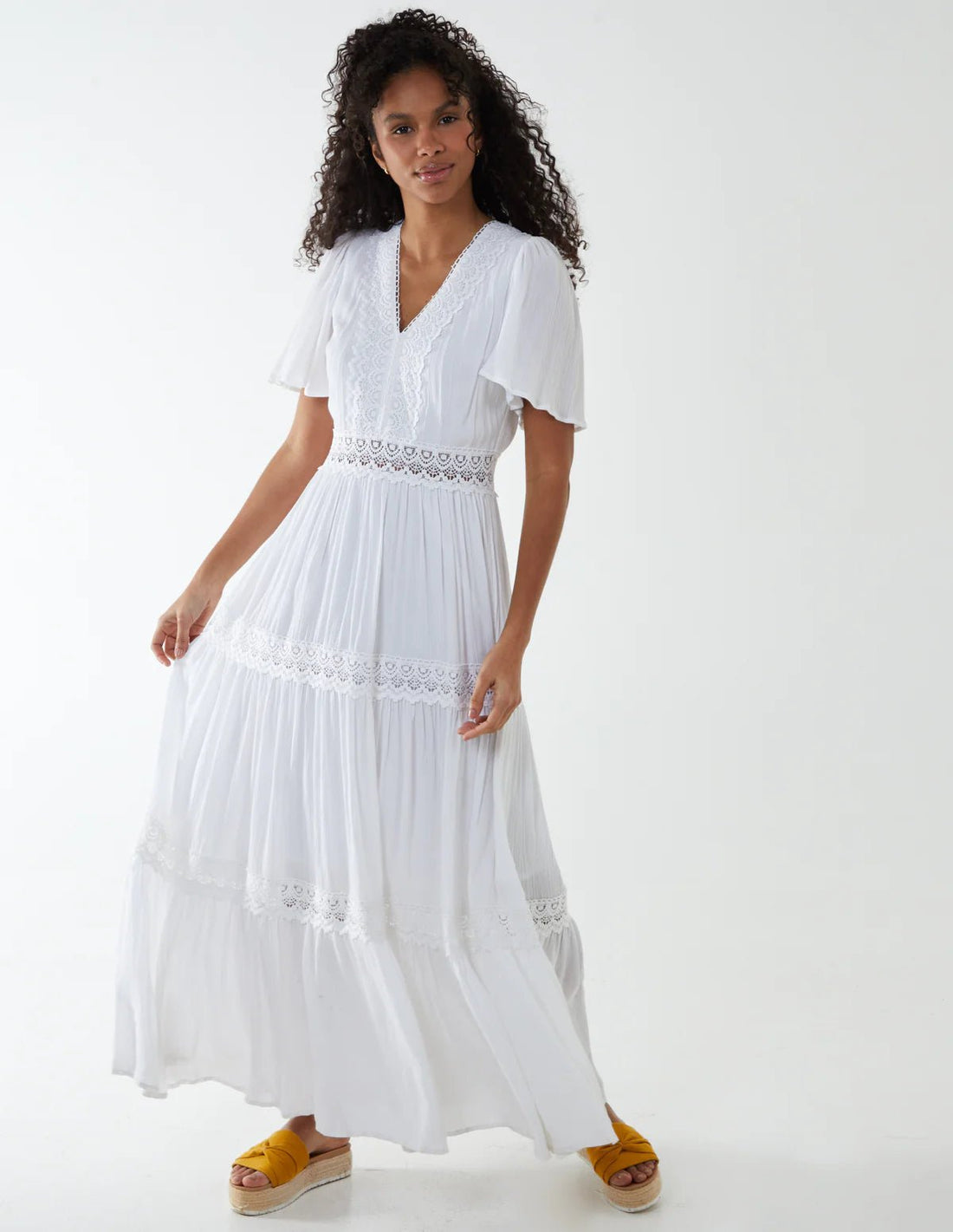 Angel Sleeve Lace Tiered Maxi Dress - Pinstripe