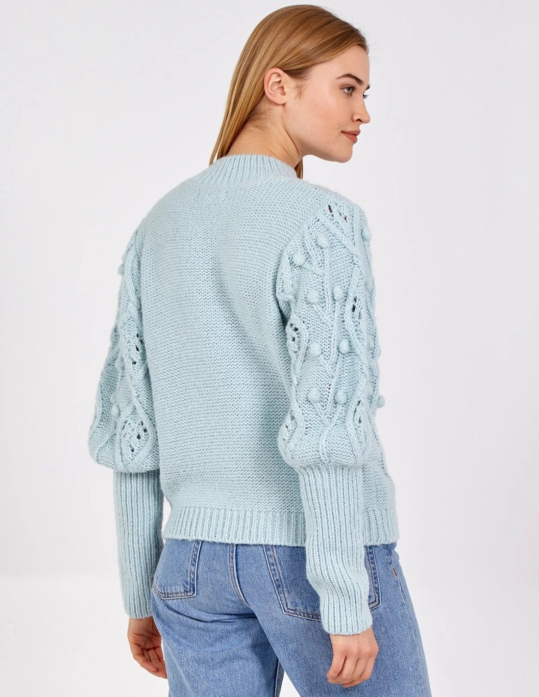 Arianna - Puff Sleeve Embroider Cable Jumper - Pinstripe