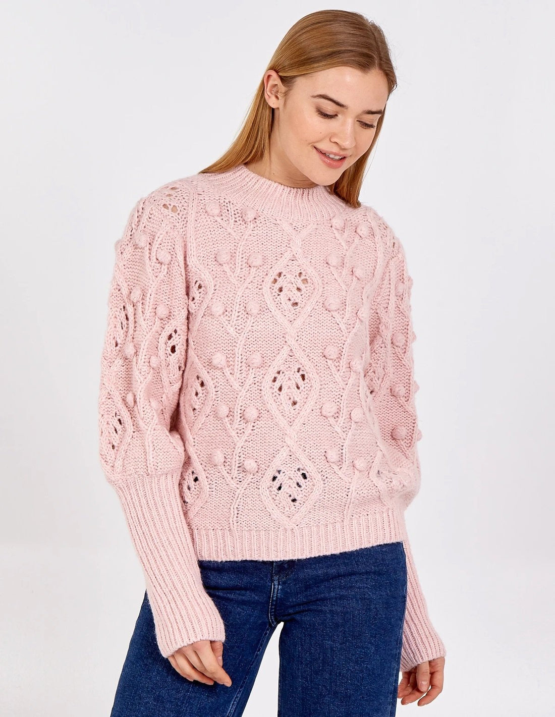 Arianna - Puff Sleeve Embroider Cable Jumper - Pinstripe