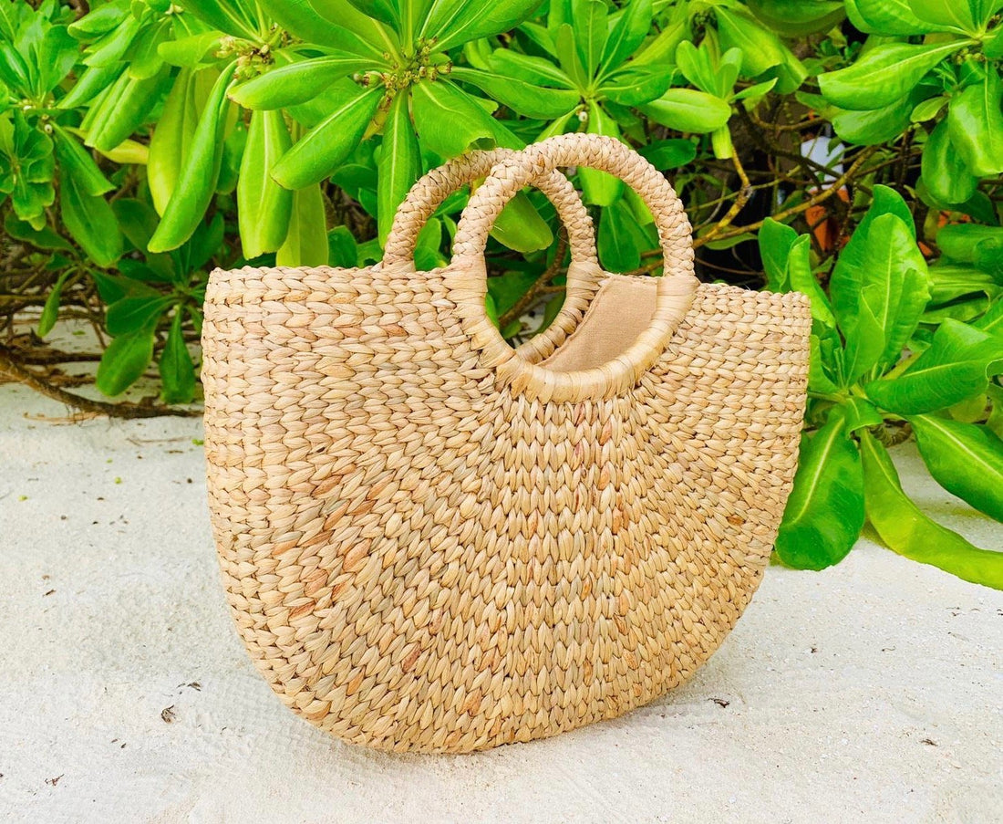 Beach Vintage Wicker Woven Handbag Rattan Straw Tote - Pinstripe