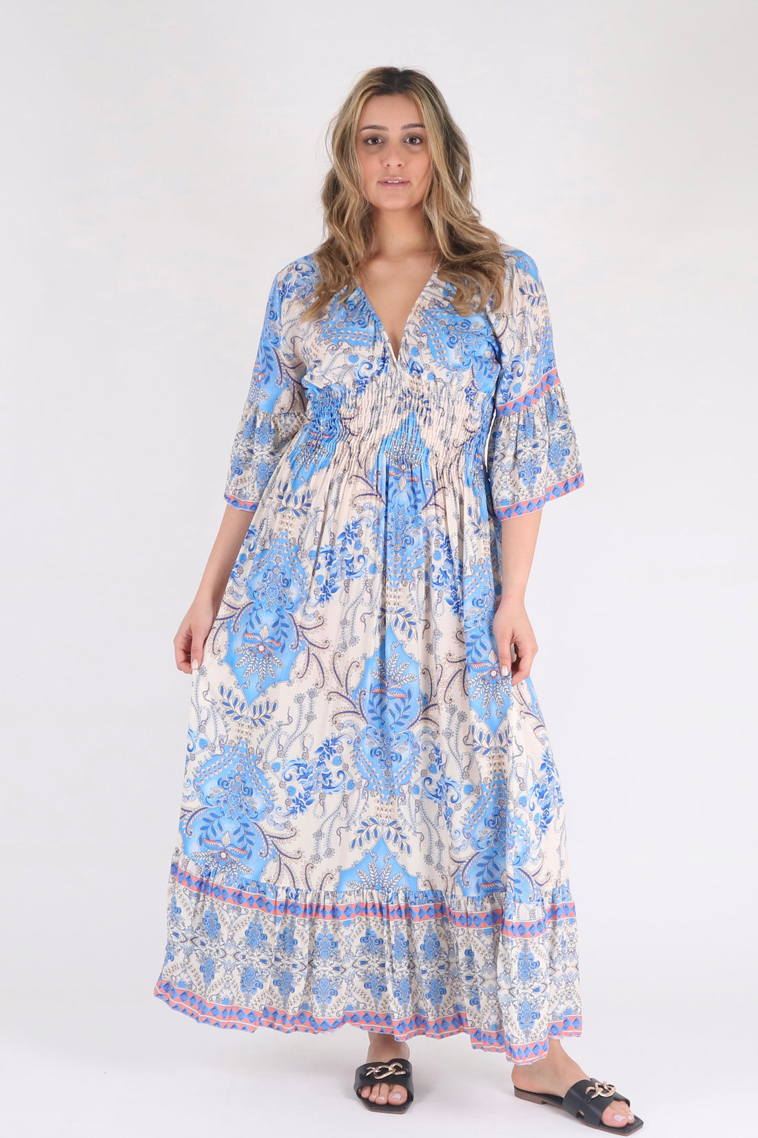 Blue Floral Print Ruffle Hem Maxi Dress - Pinstripe