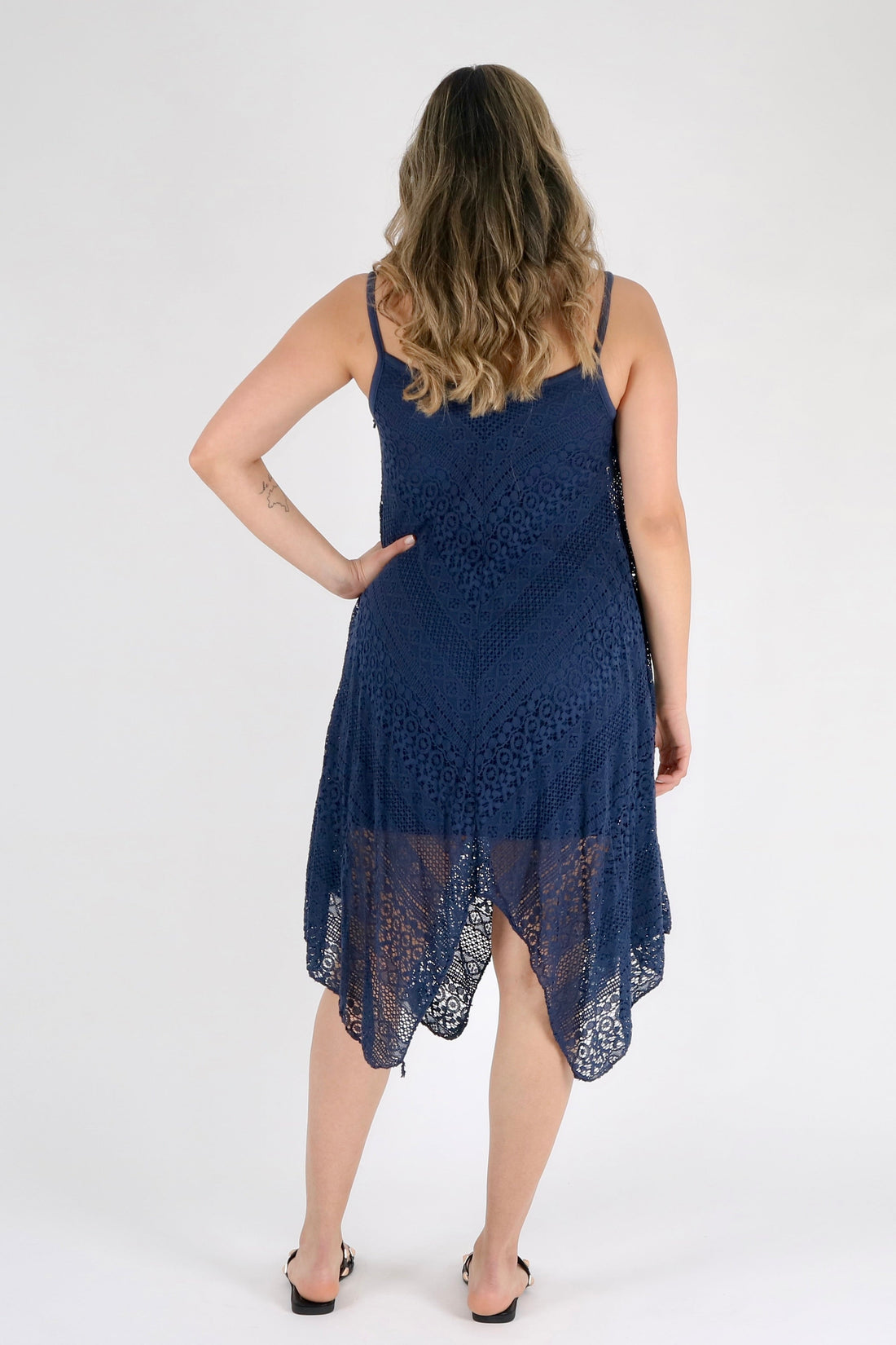 Crochet Asymmetric Hem Lace Dress - Pinstripe