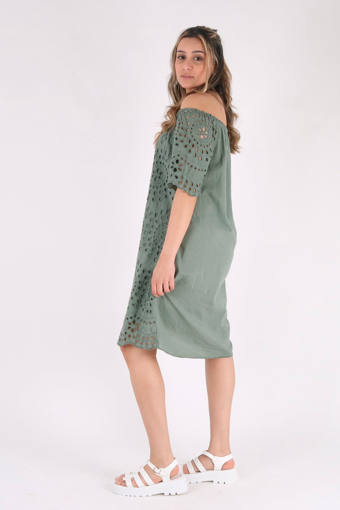 Crochet Short Sleeve Midi Dress - Pinstripe