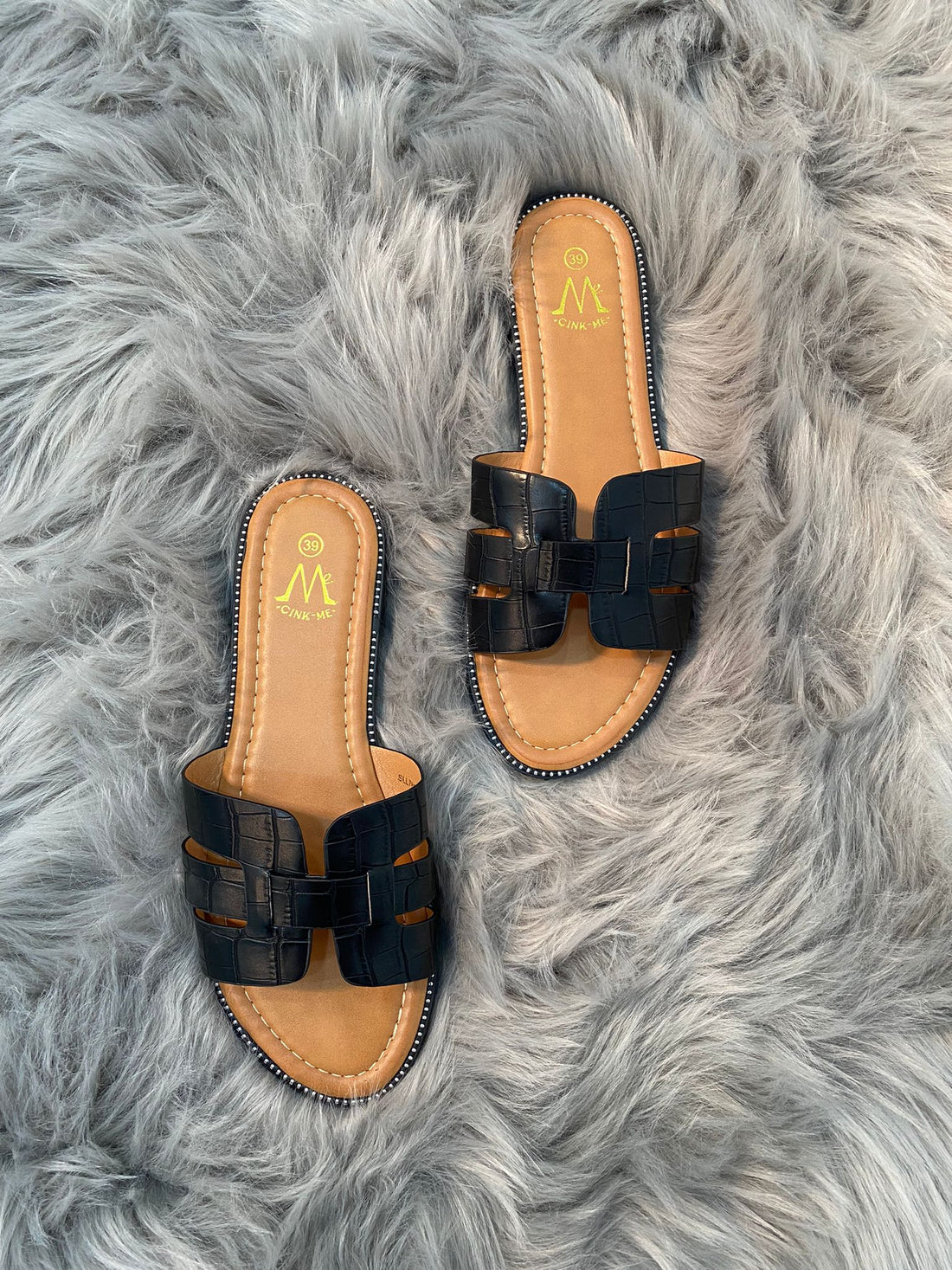 Evileen - Faux Leather Cut Out Strap Slip On Sliders - Pinstripe