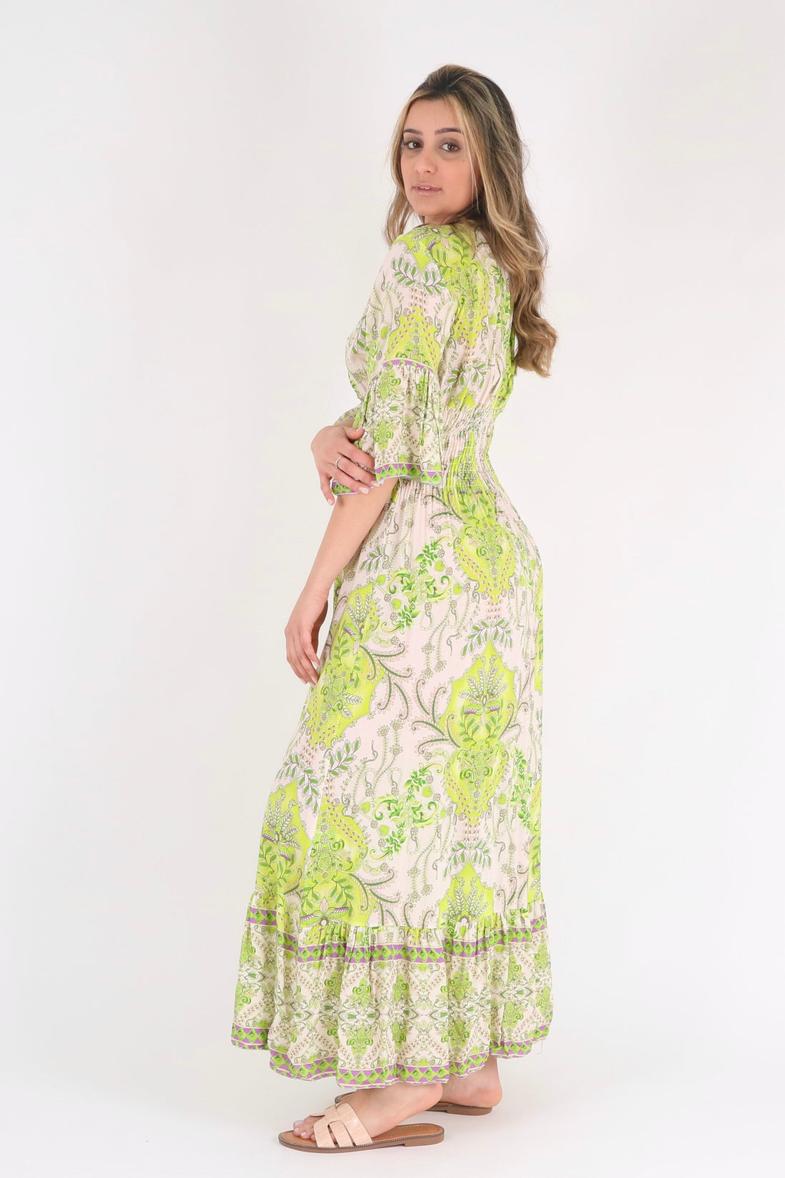 Green Floral Print Ruffle Hem Maxi Dress - Pinstripe