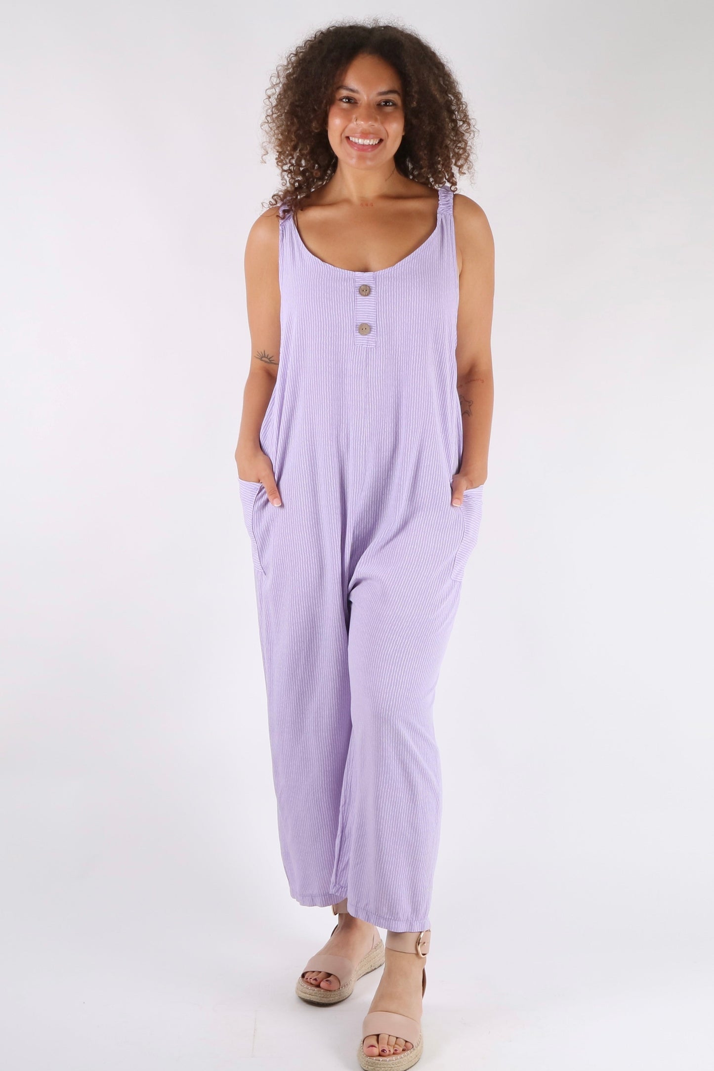 Hollie - Pinstripe Button Detailed Dungarees - Pinstripe