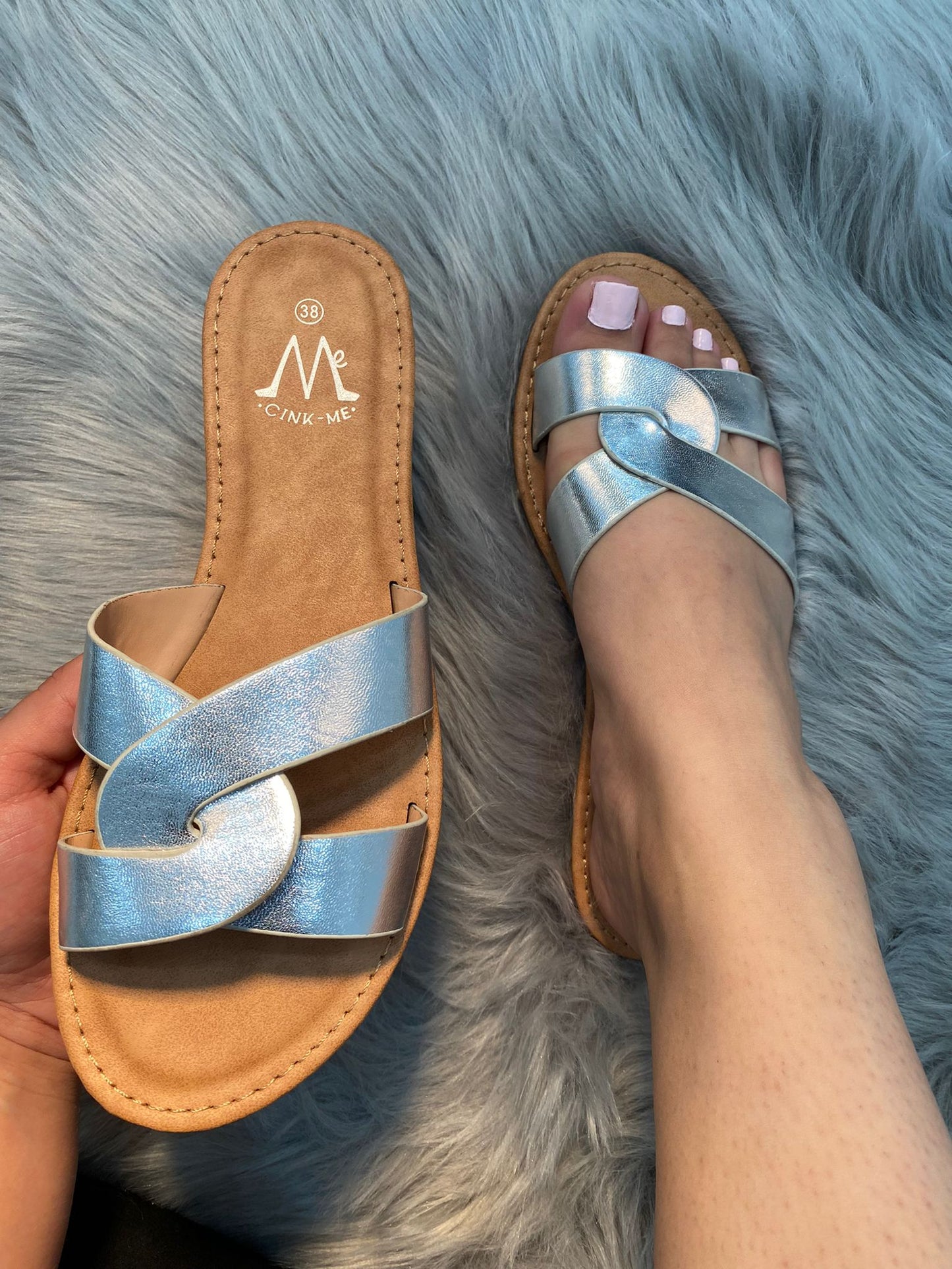 Odetta - Faux Leather Interlocked Strap Slip On Sliders - Pinstripe