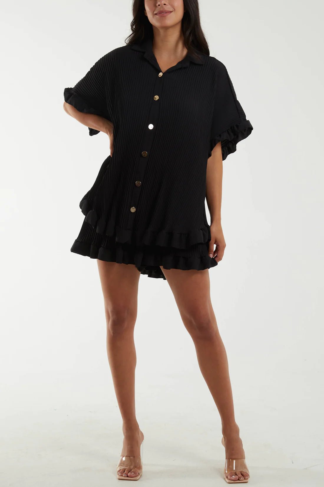 Plisse Frill Sleeve Button Top & Shorts Co-Ord - Pinstripe