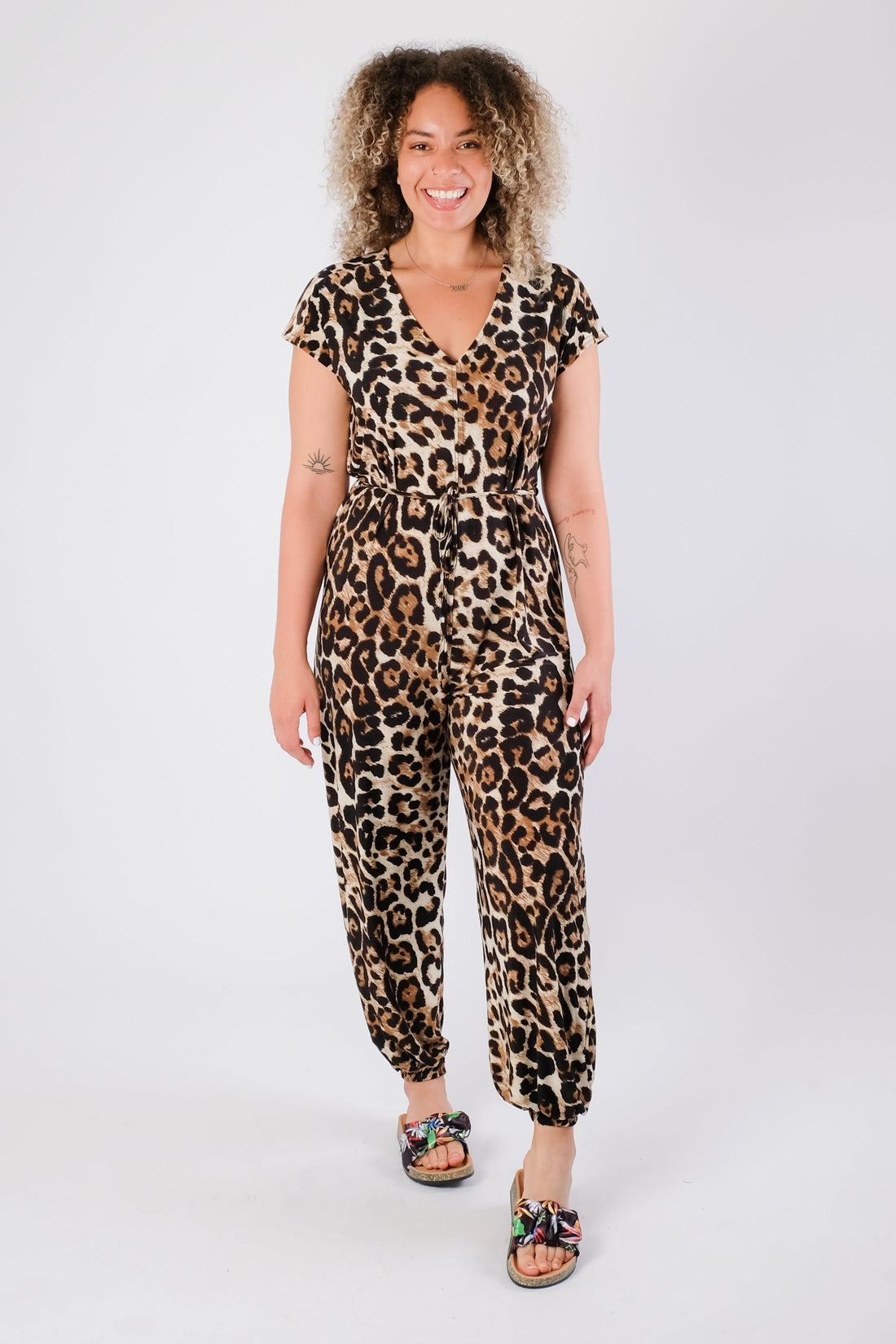 Shaya - Leopard Print Tie Waist Jumpsuit - Pinstripe