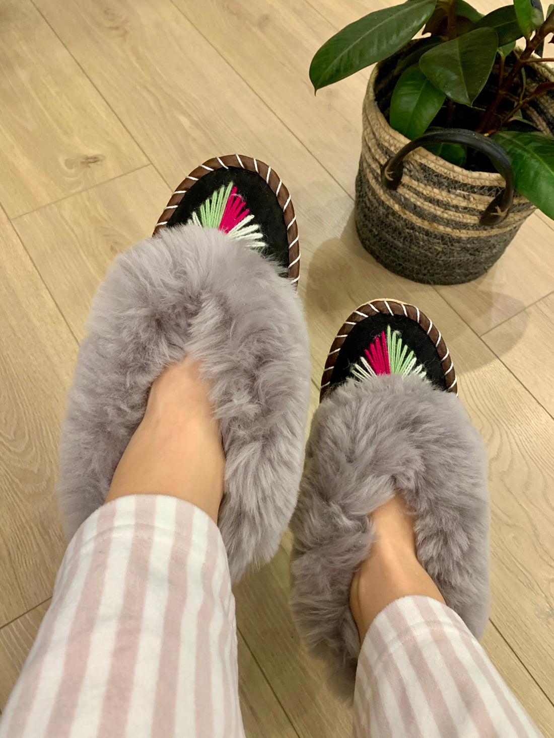 Sheep 🐑 Fur Slippers In Grey - Pinstripe