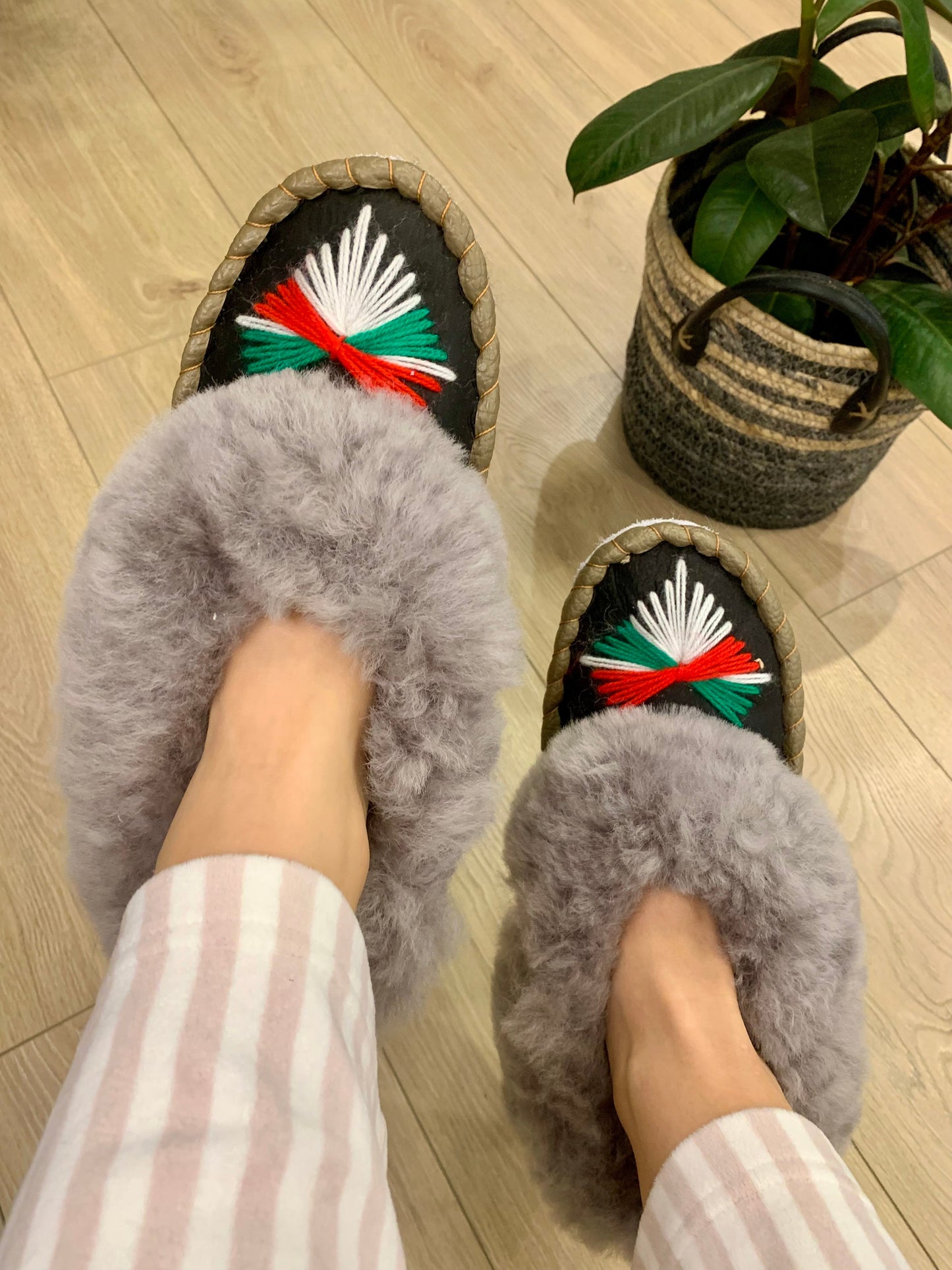 Sheep 🐑 Fur Slippers In Grey - Pinstripe