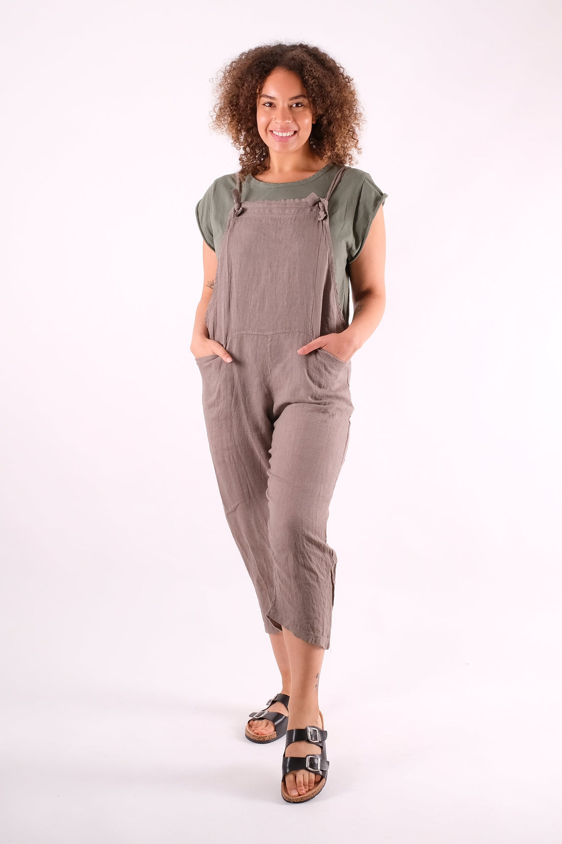 Tania - Linen Bow Tie Dungarees - Pinstripe