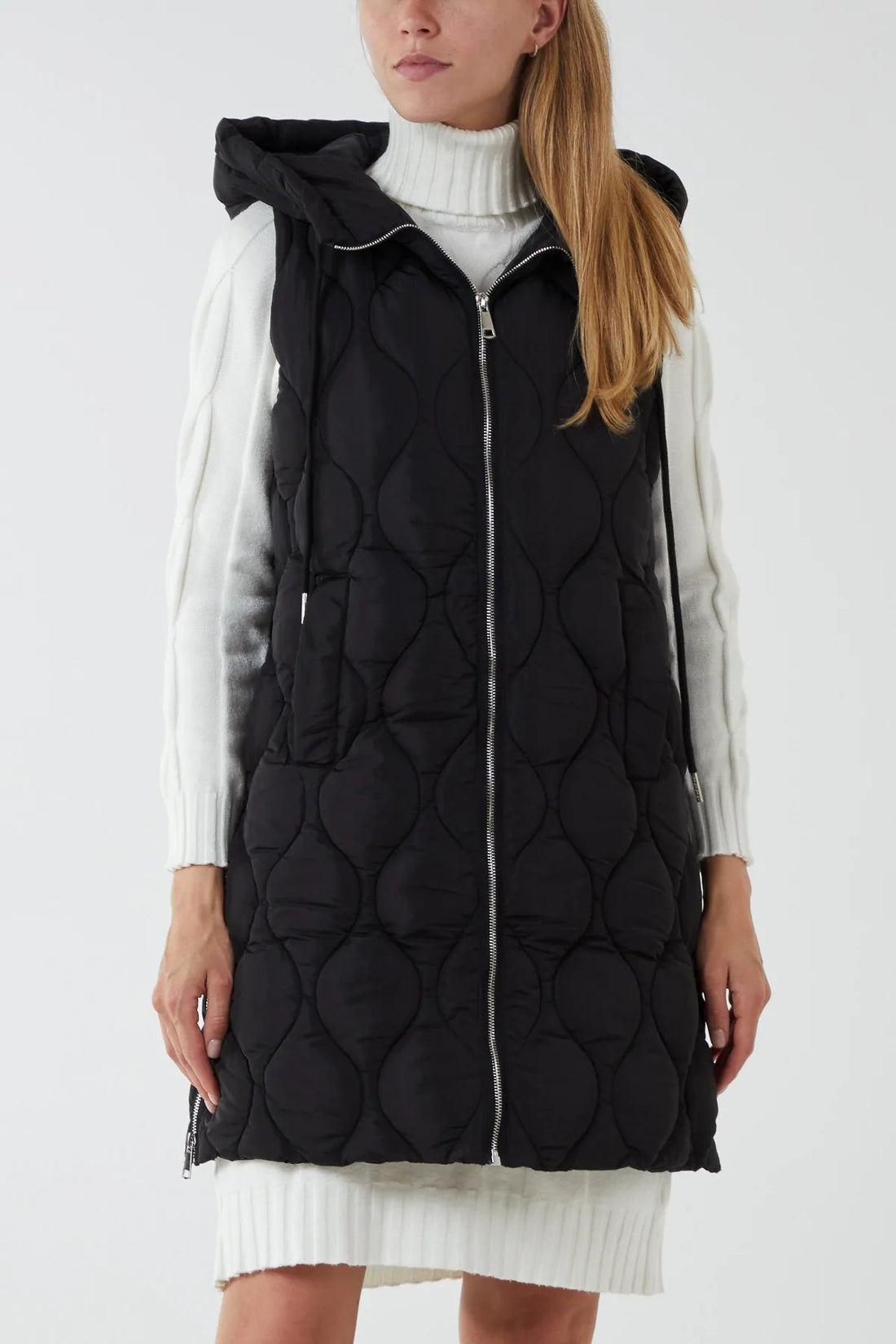 Wave Quilted Hooded Zip Gilet - Pinstripe