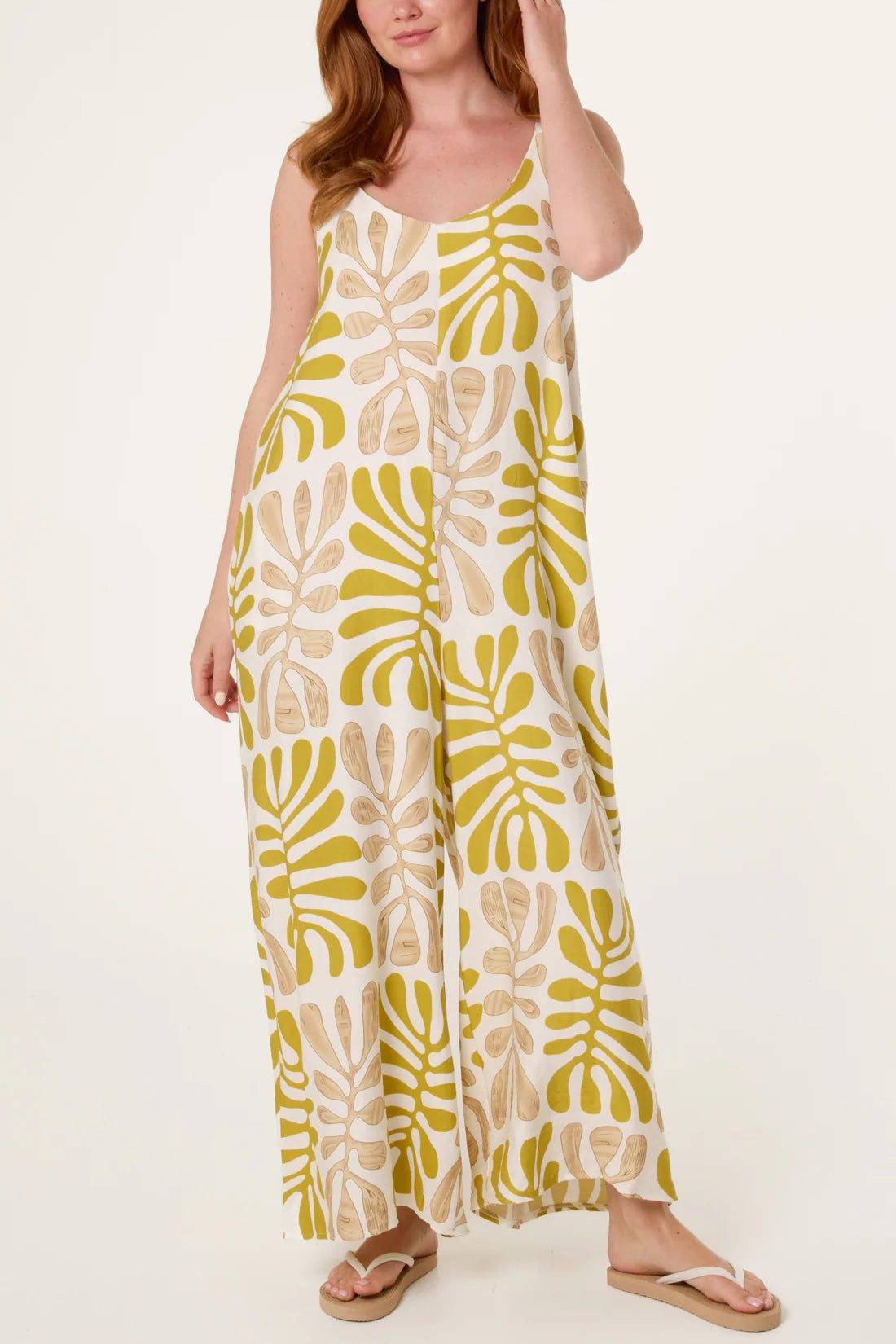 Abstract Leaf Printed Wide-Leg Jumpsuit