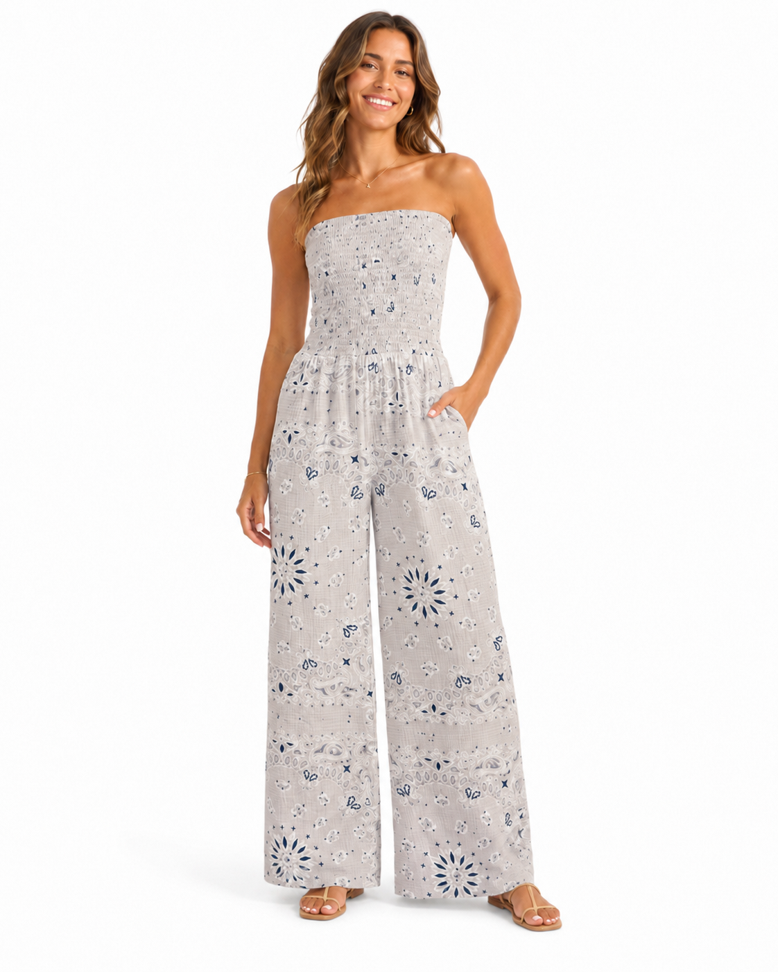 Paisley Bandeau Wide-Leg Jumpsuit with Pockets