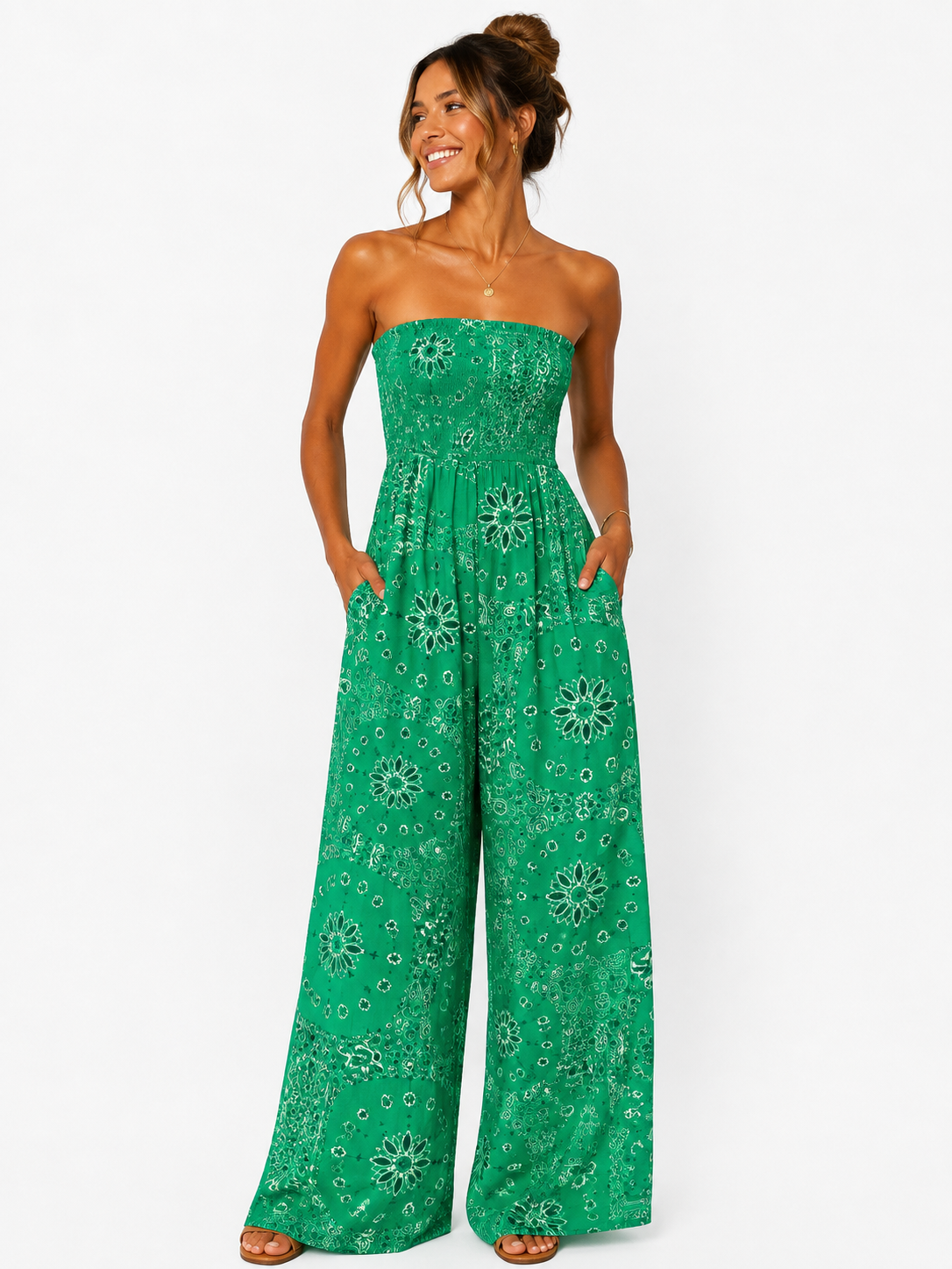 Paisley Bandeau Wide-Leg Jumpsuit with Pockets