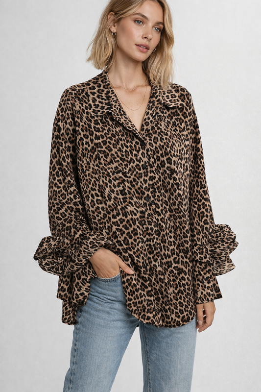 Leopard Print Blouse Ruffle Sleeve
