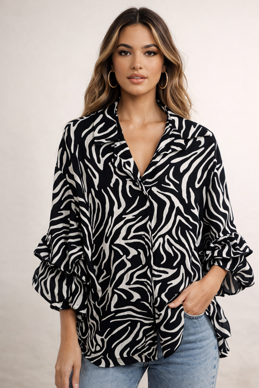 Zebra Print Ruffle Sleeve Blouse