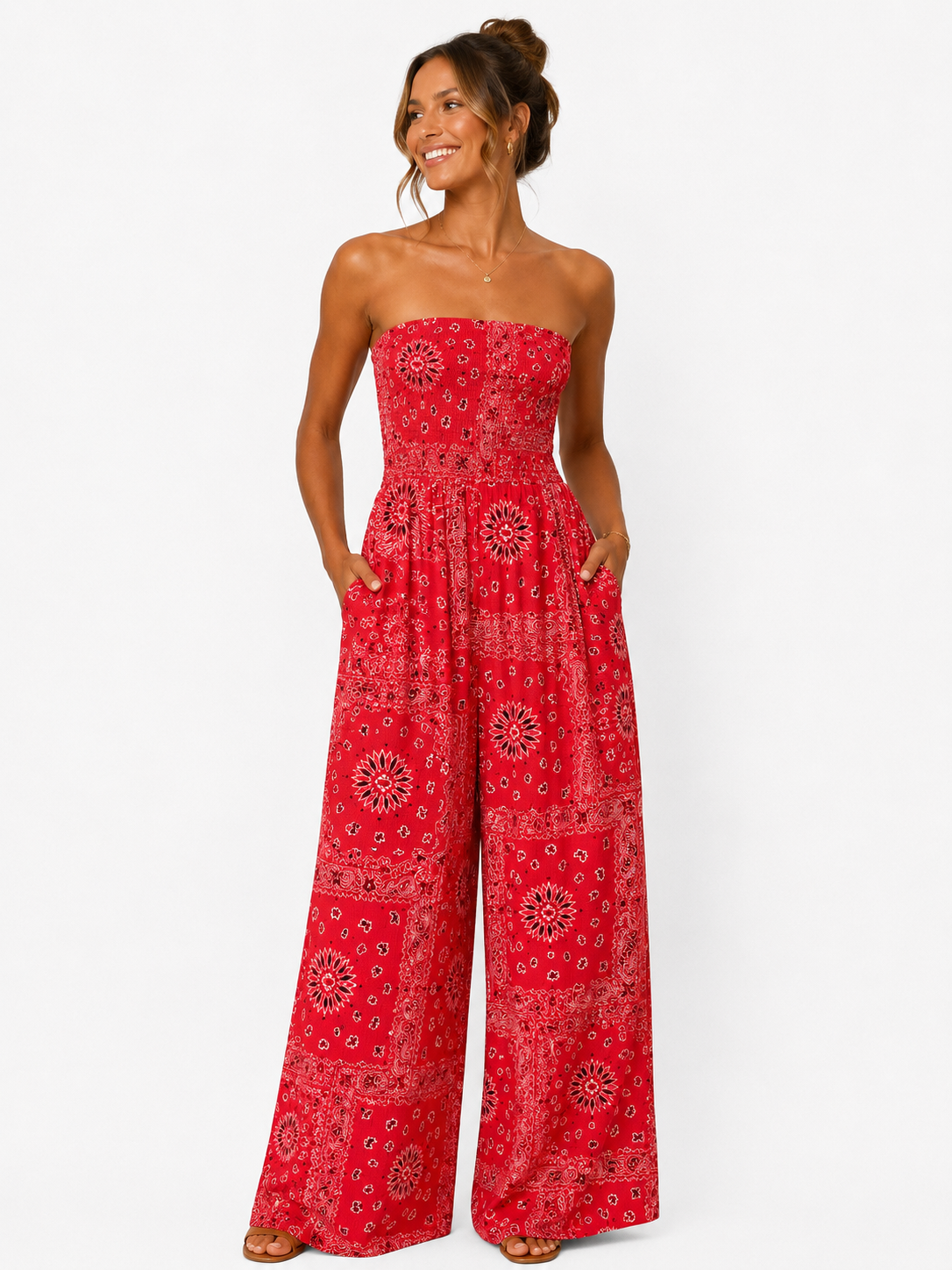 Paisley Bandeau Wide-Leg Jumpsuit with Pockets