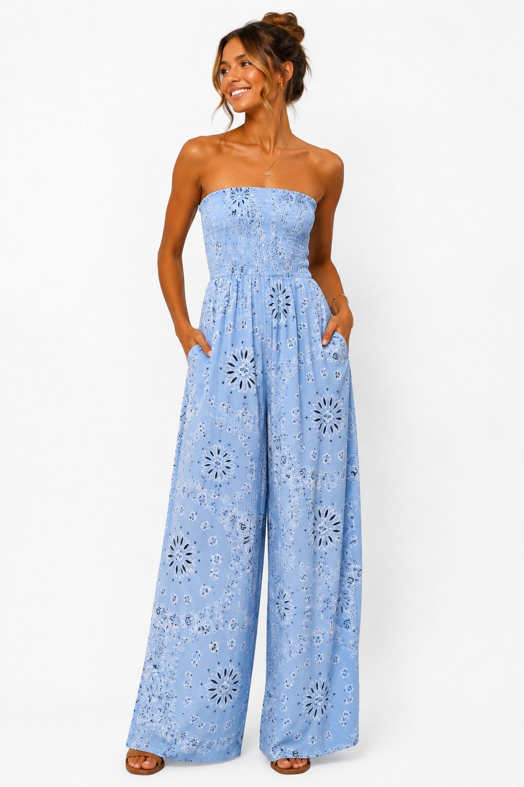 Paisley Bandeau Wide-Leg Jumpsuit with Pockets