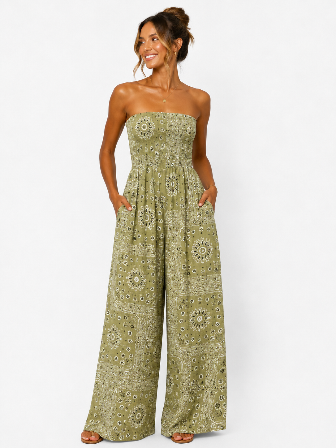Paisley Bandeau Wide-Leg Jumpsuit with Pockets