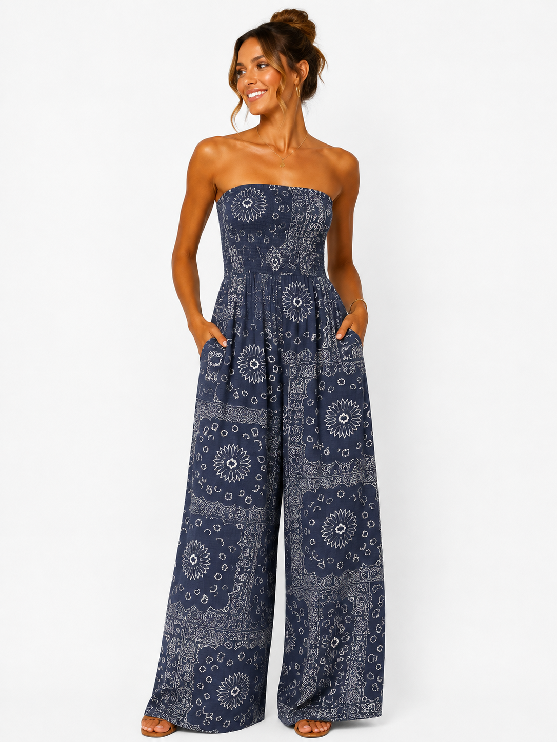 Paisley Bandeau Wide-Leg Jumpsuit with Pockets