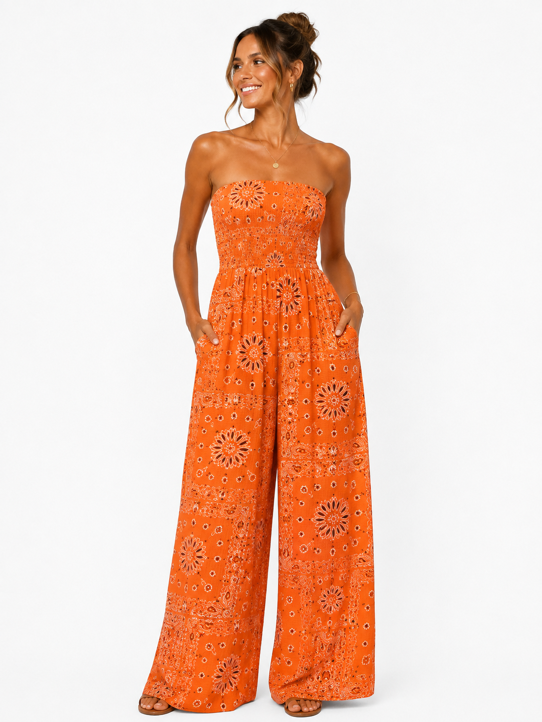 Paisley Bandeau Wide-Leg Jumpsuit with Pockets