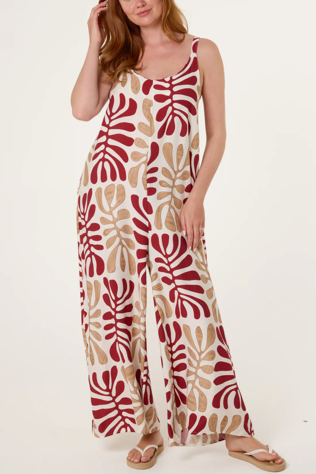 Abstract Leaf Printed Wide-Leg Jumpsuit
