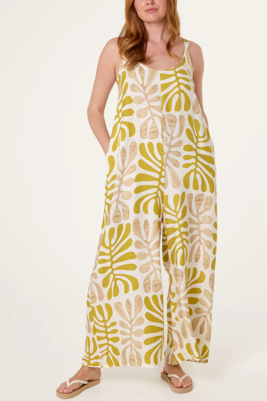 Abstract Leaf Printed Wide-Leg Jumpsuit