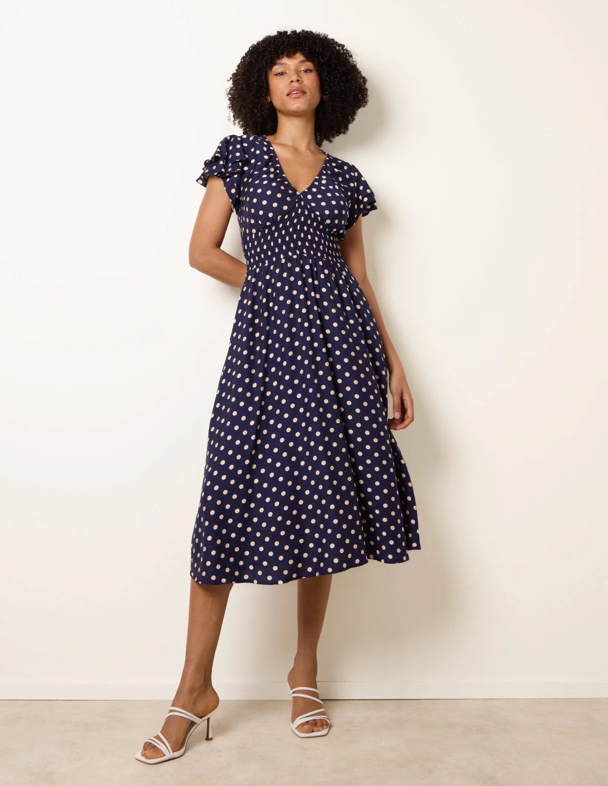 Polka Dot Elastic V Neck Midi Dress