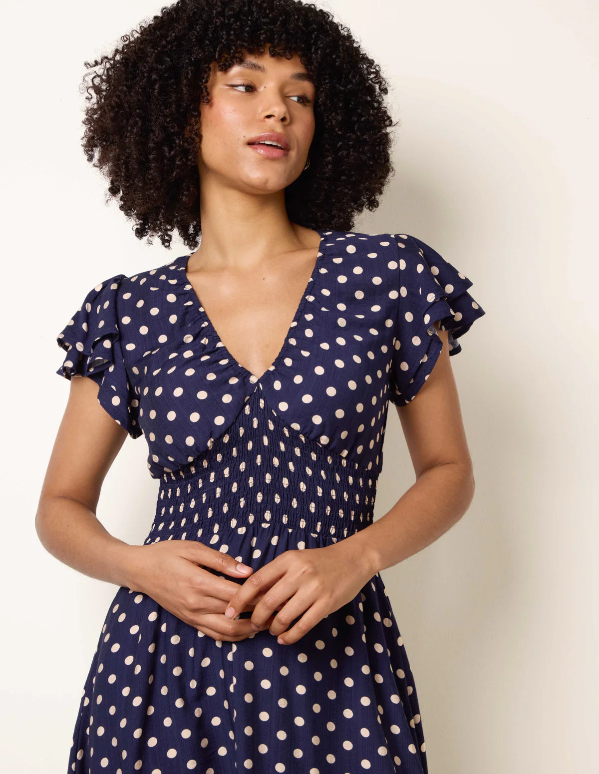 Polka Dot Elastic V Neck Midi Dress
