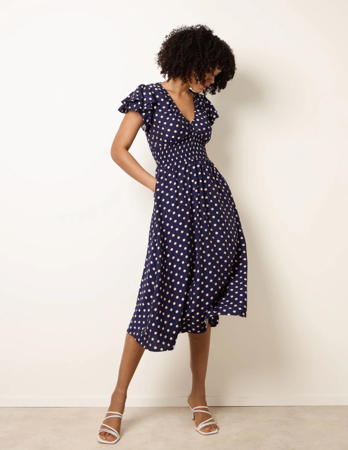 Polka Dot Elastic V Neck Midi Dress