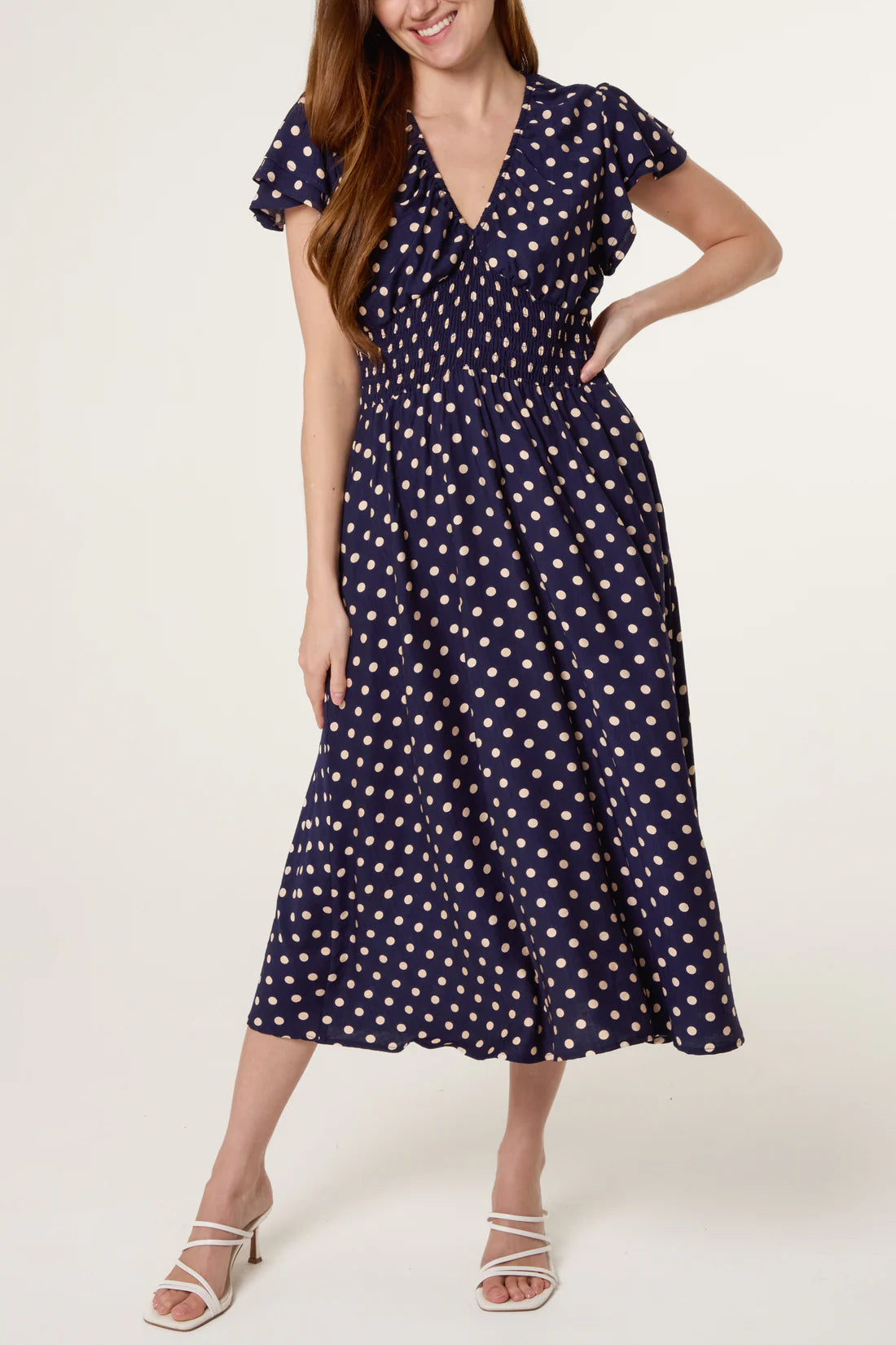 Polka Dot Elastic V Neck Midi Dress