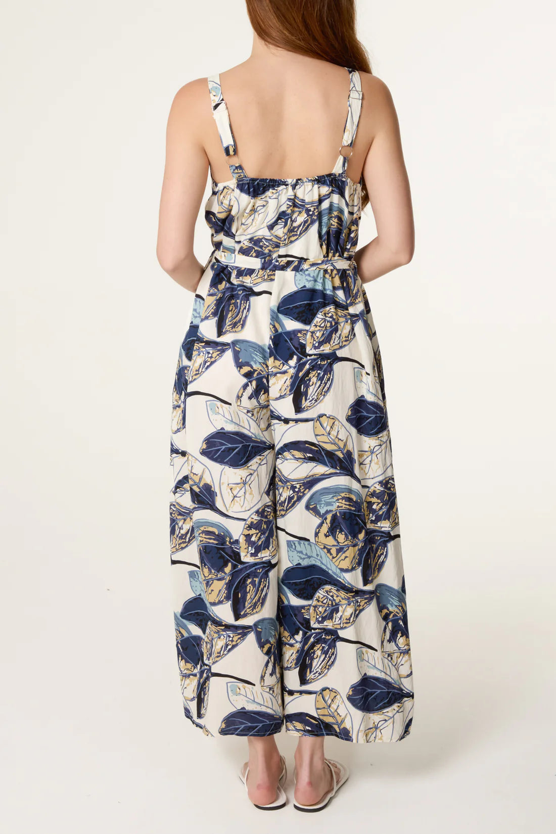 Illustrated Leaves Wide-Leg Belted Jumpsuit