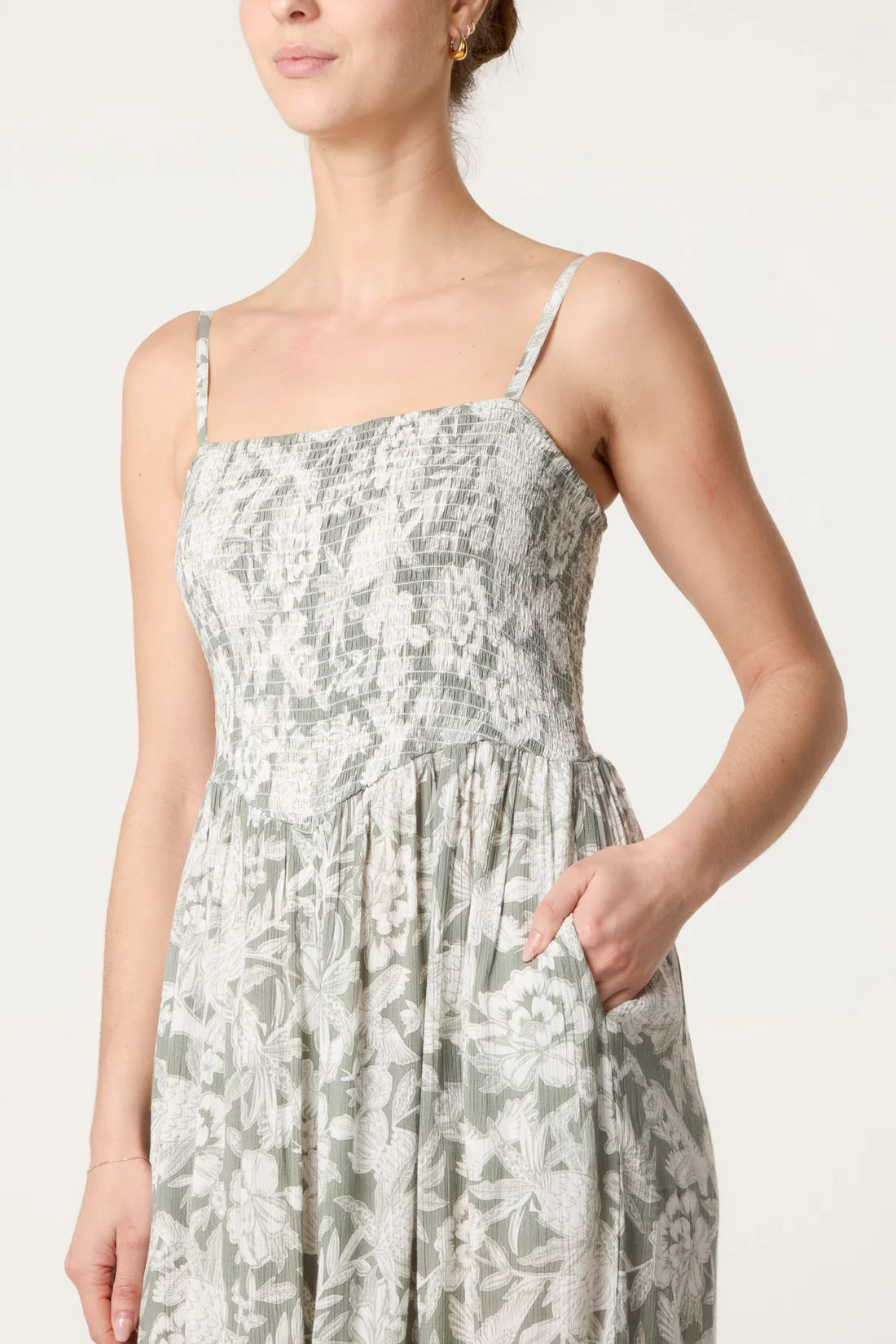 Sage Botanical Shirred Jumpsuit