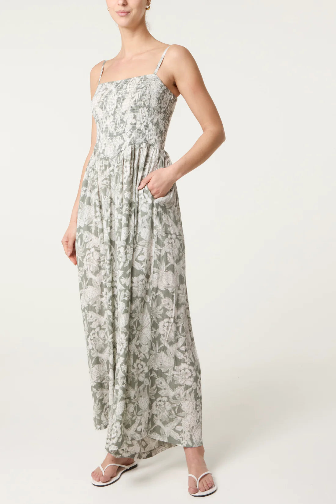 Sage Botanical Shirred Jumpsuit