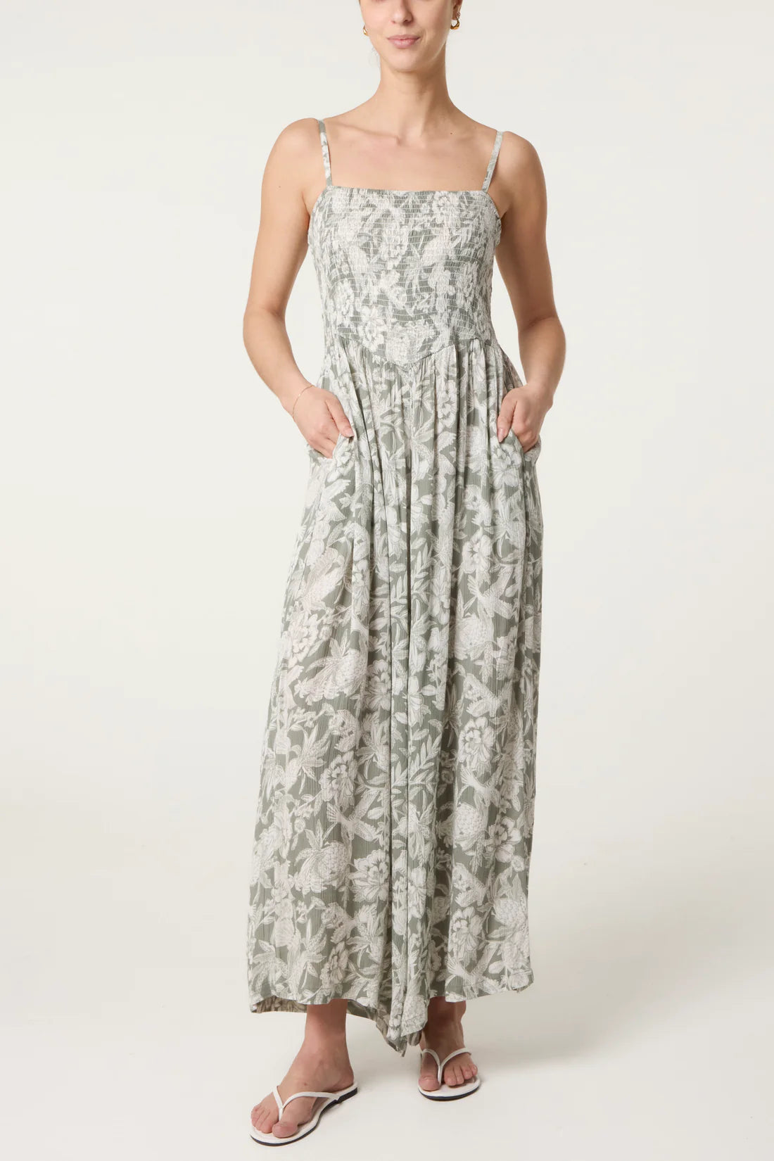 Sage Botanical Shirred Jumpsuit
