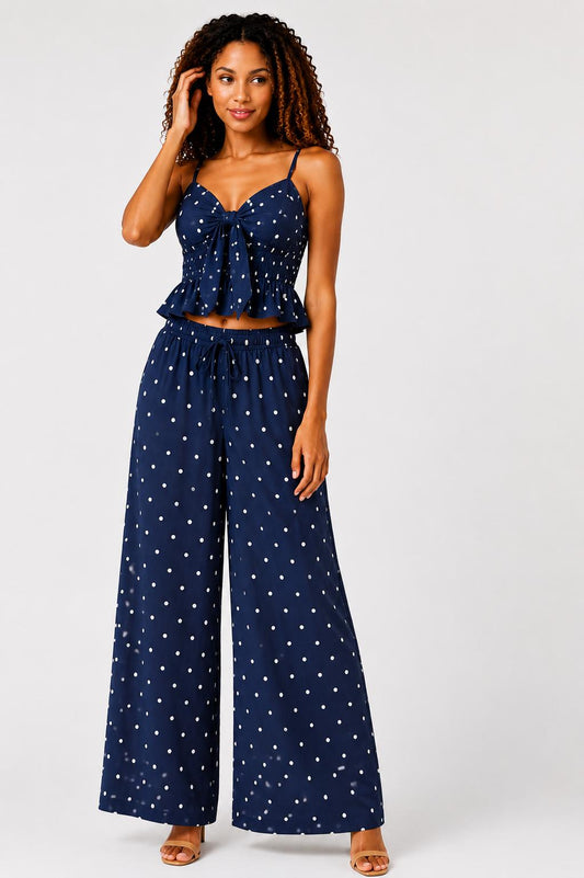 Polka Dot Tie Front Wide Leg Co-Ord Set