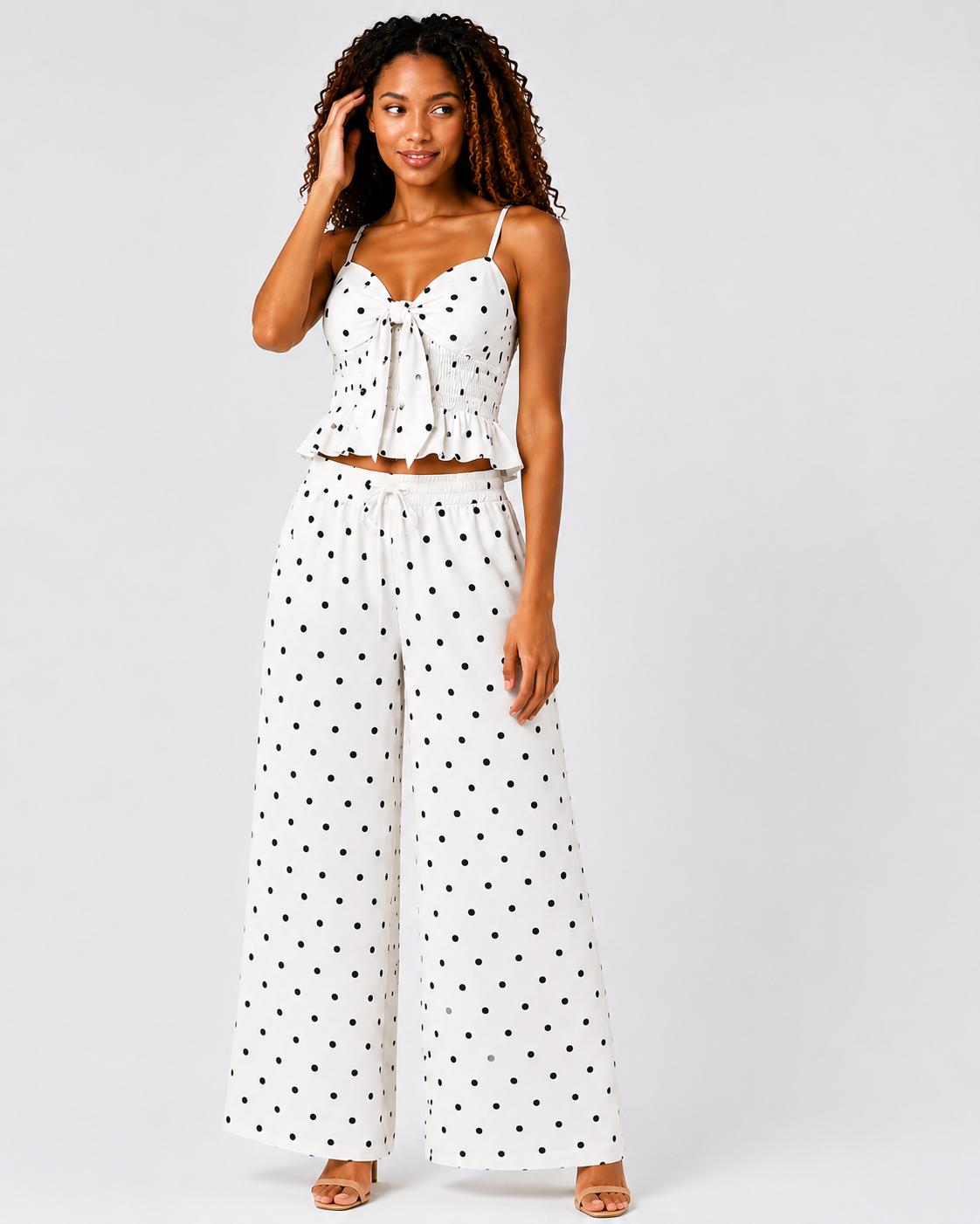 Polka Dot Tie Front Wide Leg Co-Ord Set