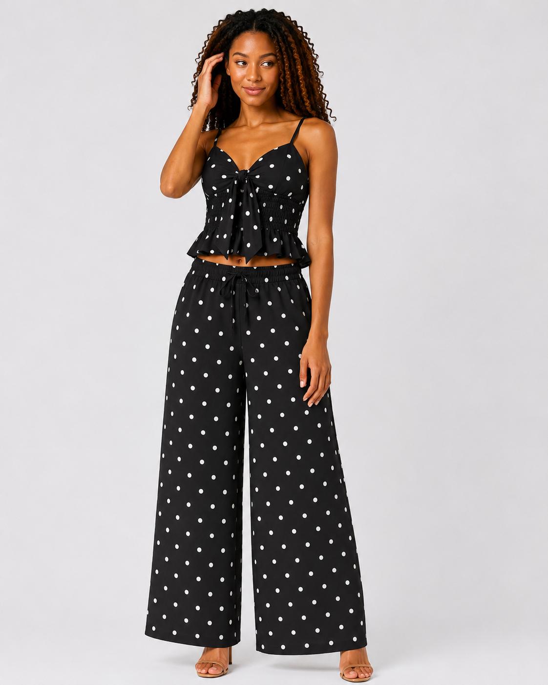 Polka Dot Tie Front Wide Leg Co-Ord Set