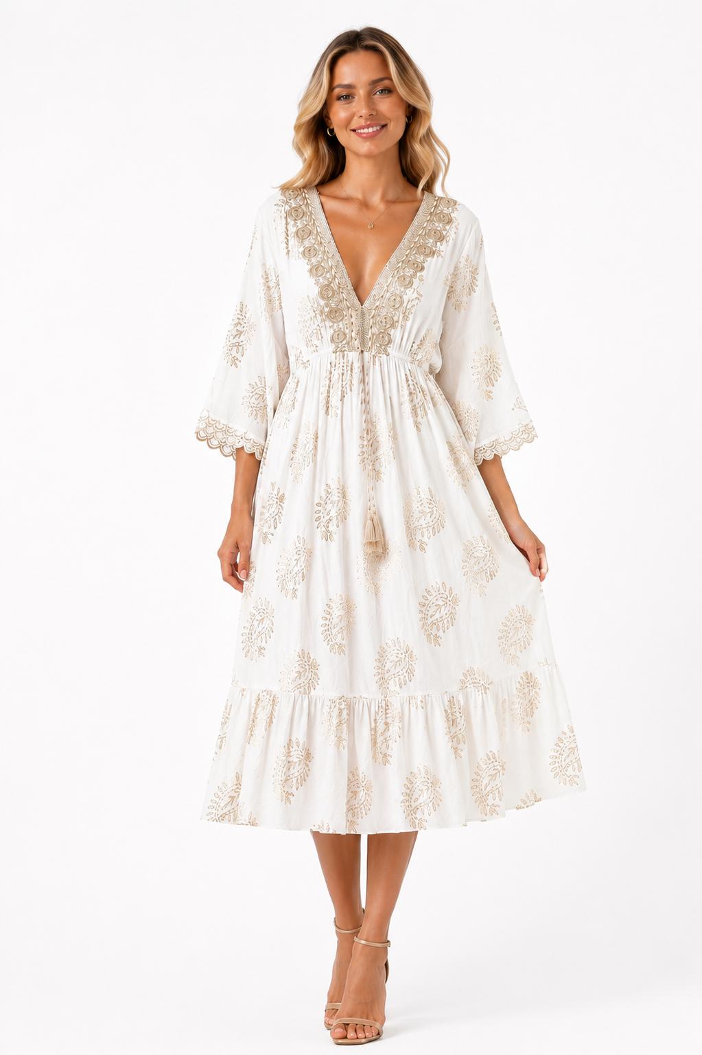 Boho White & Gold Embroidered Cotton Midi Dress