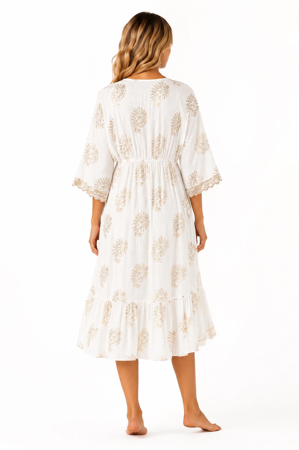 Boho White & Gold Embroidered Cotton Midi Dress