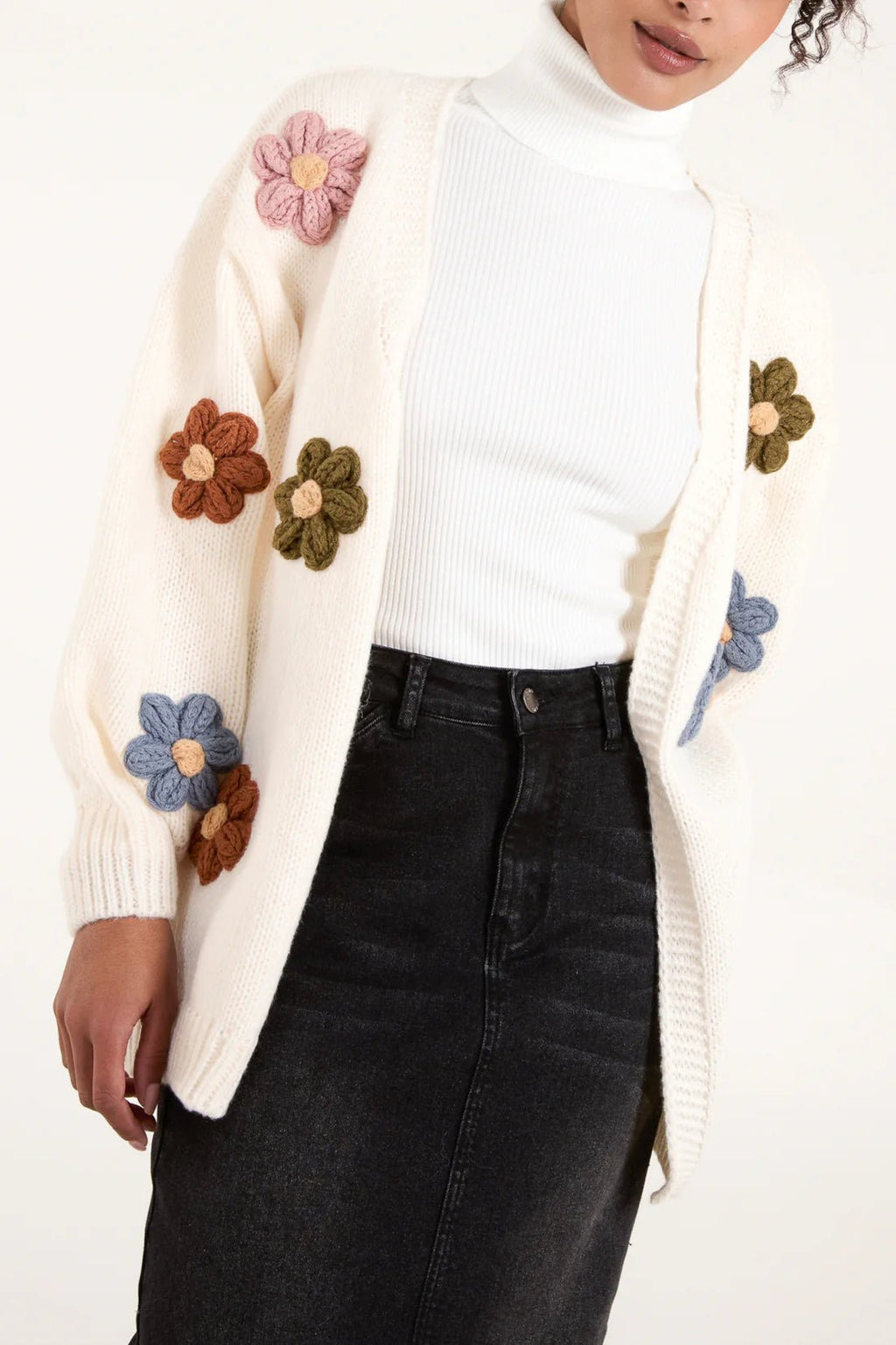 Large Multi Flowers Knit Cardigan - Pinstripe