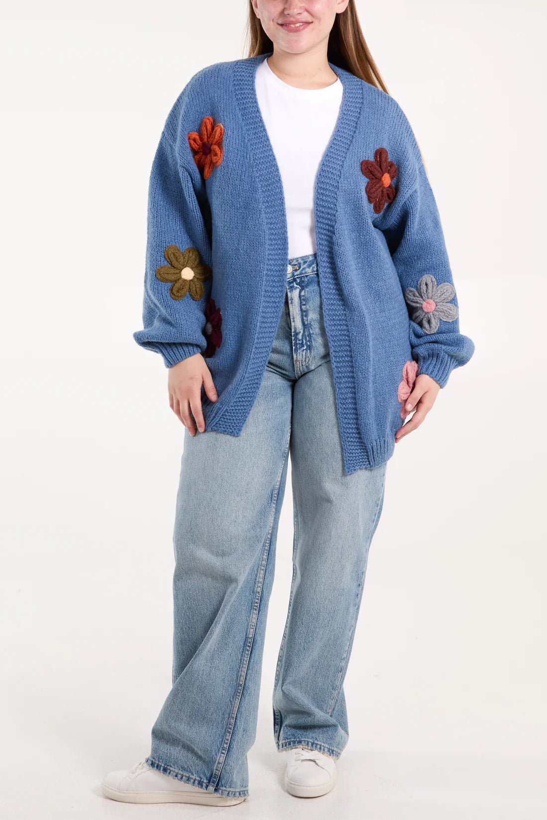 Large Multi Flowers Knit Cardigan - Pinstripe