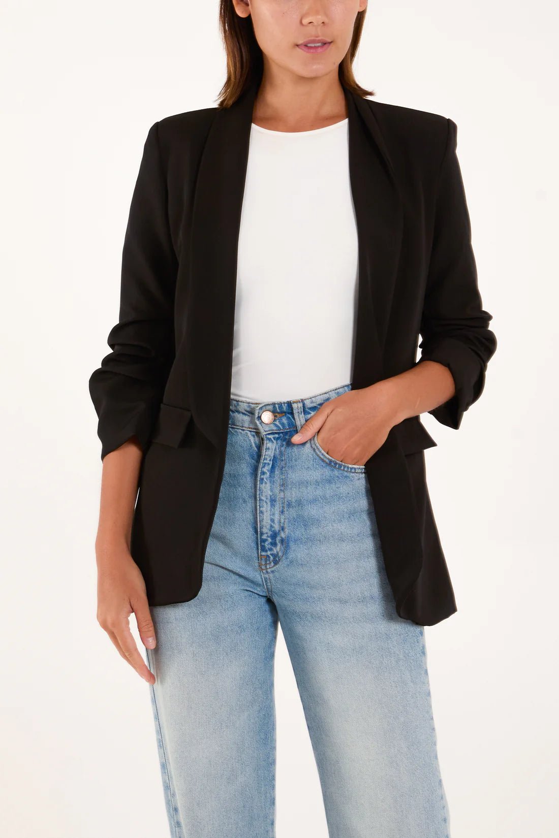 Ruched Sleeve Shawl Lapel Blazer - Pinstripe