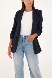 Ruched Sleeve Shawl Lapel Blazer - Pinstripe