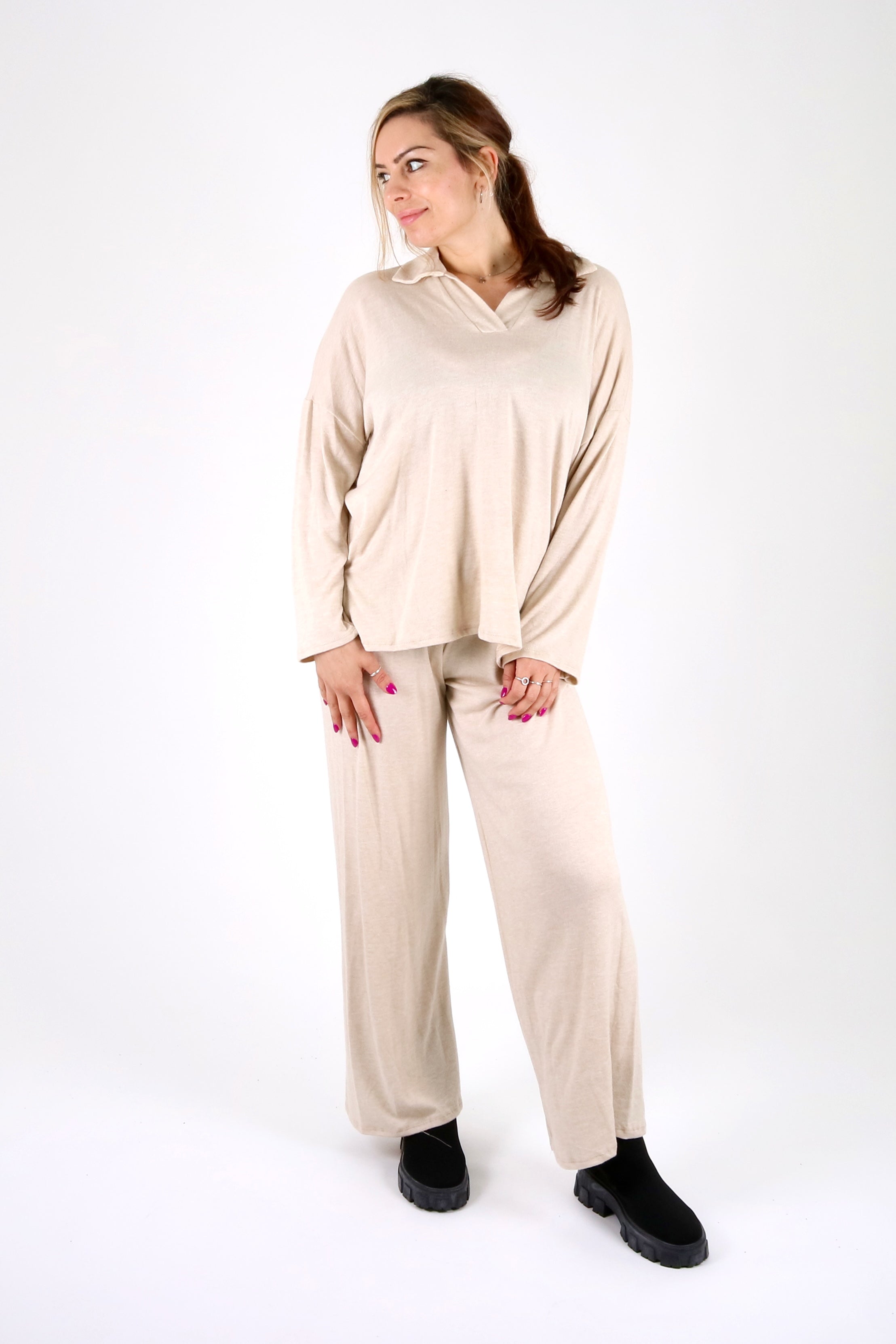 Soft Touch Collar Detail Lounge Set - Pinstripe