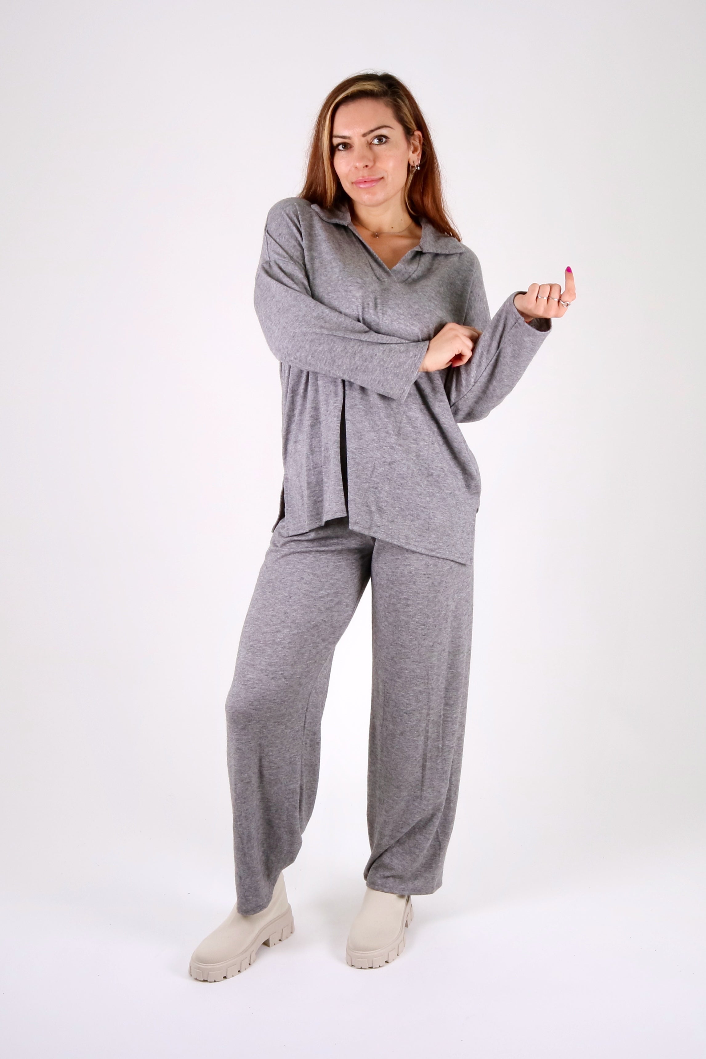 Soft Touch Collar Detail Lounge Set - Pinstripe